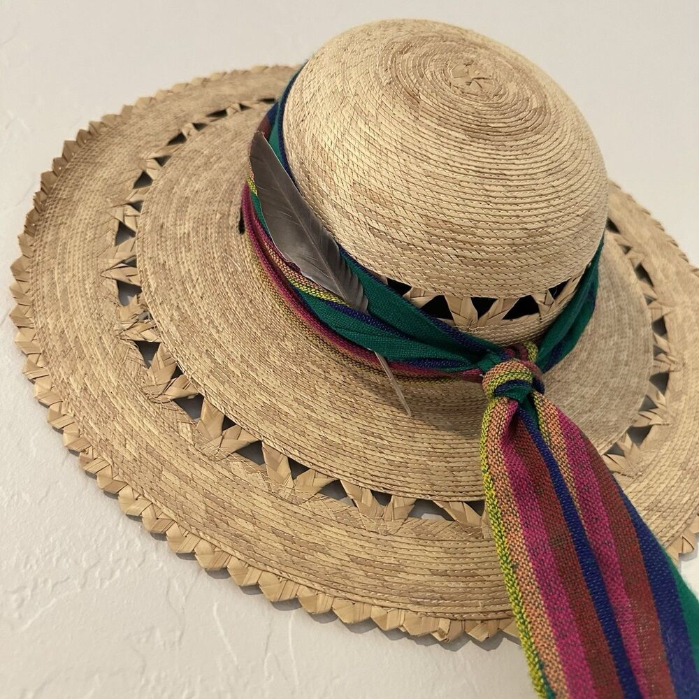 Vintage Woven Straw Sombrero Hat Wide Brim Mexican Style Boho Decor Chin Strap
